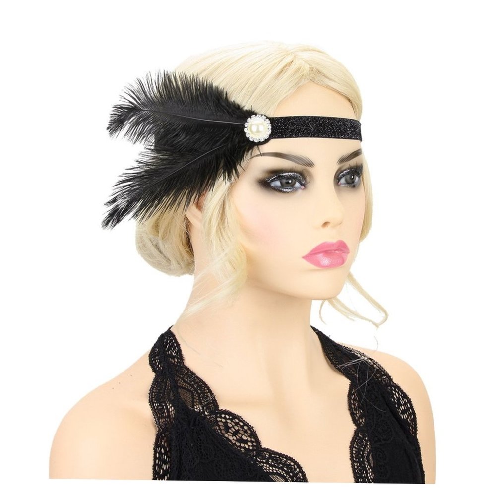 1920s Headband Black Feather Pearl Stone Great Gatsby 20s Flapper Headpiece